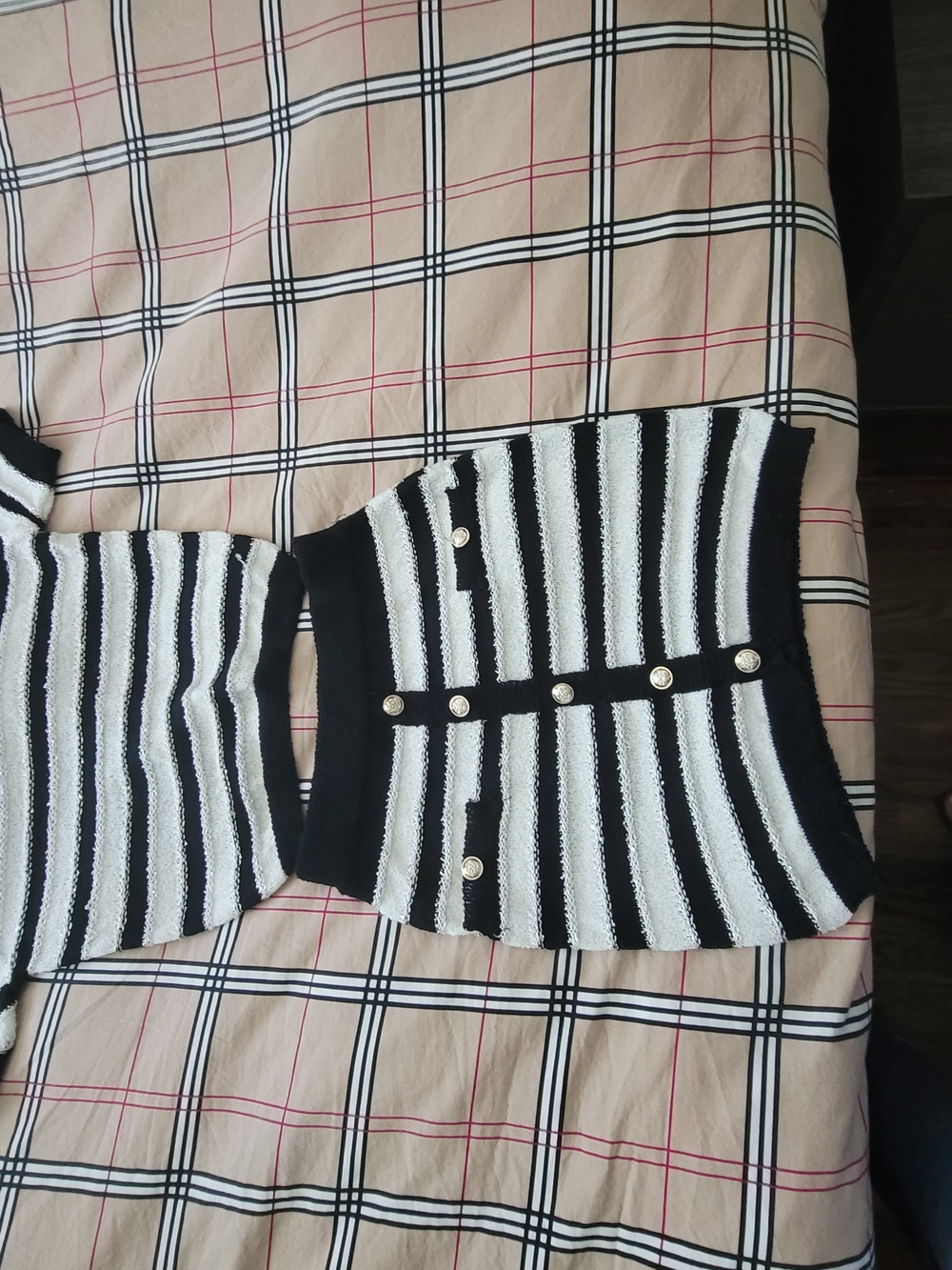 Black and White Striped Knit Two-Piece Set with Gold Buttons